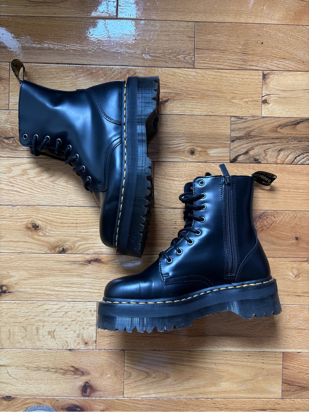 Dr. Martens Black Platform Lace-Up Combat Boots with Yellow Stitching